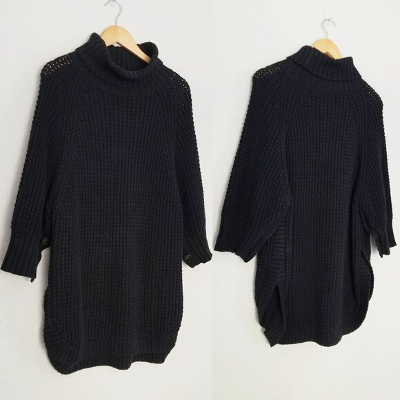 J.CREW Turtleneck Cotton Poncho M/L $155 Black Button 3/4 Sleeve Chunky Longline - Picture 4 of 16